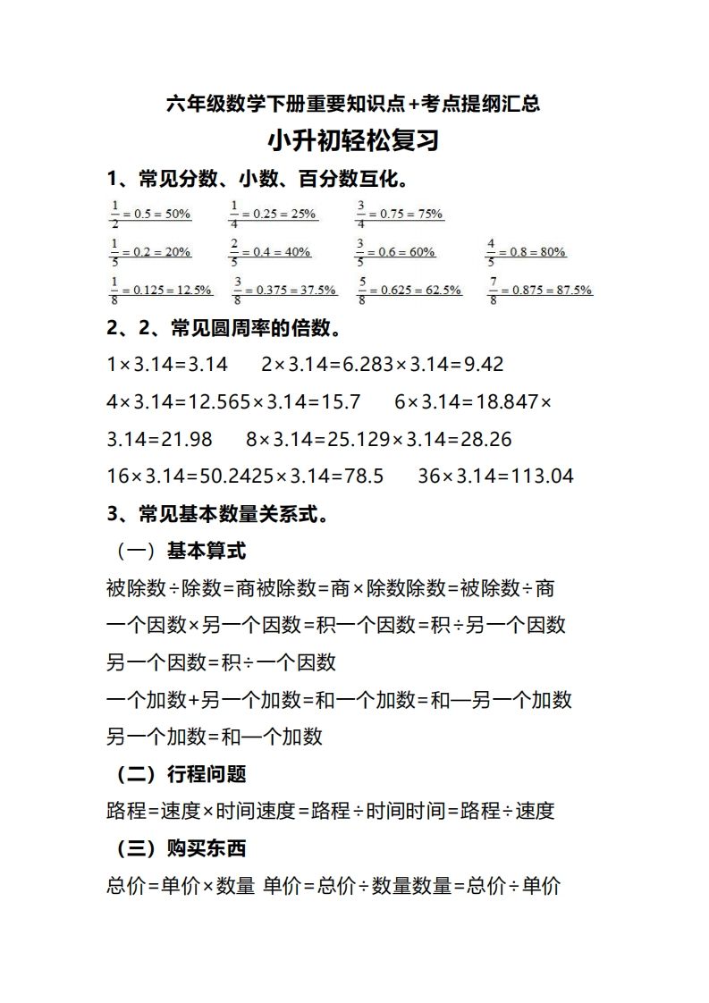 六下数学重要知识点+考点提纲汇总(1)